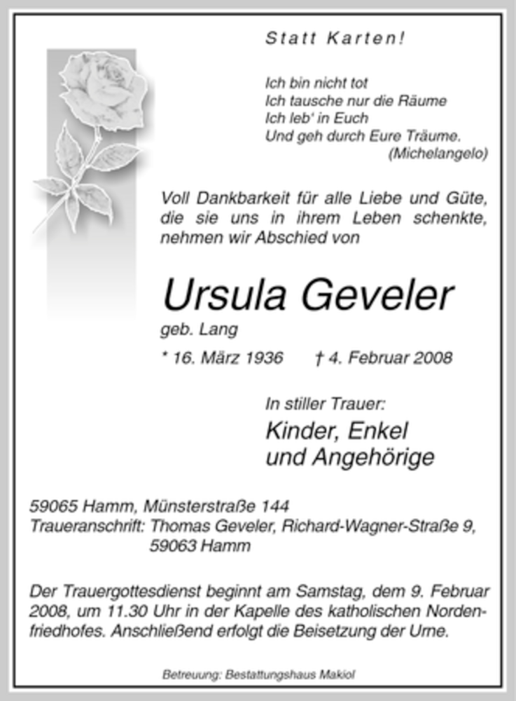  Traueranzeige für Ursula Geveler vom 06.02.2008 aus WESTFÄLISCHER ANZEIGER