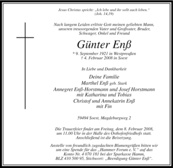 Traueranzeige von Günter Enß von WESTFÄLISCHER ANZEIGER