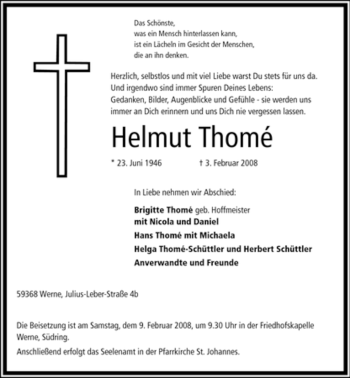 Traueranzeige von Helmut Thomè von WESTFÄLISCHER ANZEIGER