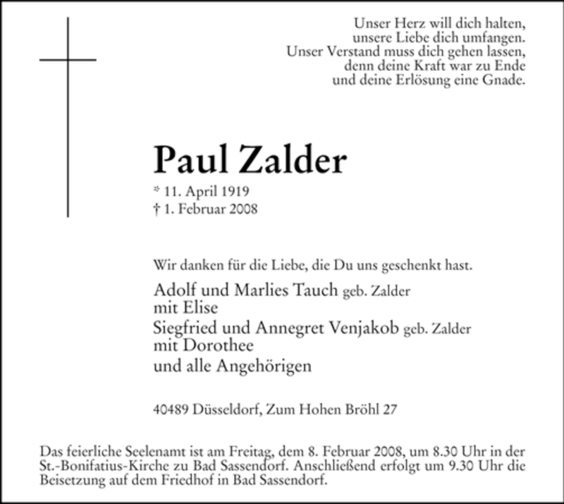  Traueranzeige für Paul Zalder vom 06.02.2008 aus WESTFÄLISCHER ANZEIGER