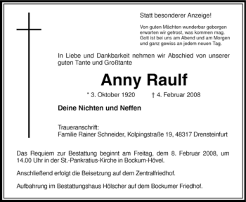 Traueranzeige von Anny Raulf von WESTFÄLISCHER ANZEIGER