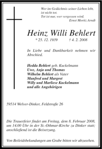 Traueranzeige von Heinz Willi Behlert von WESTFÄLISCHER ANZEIGER