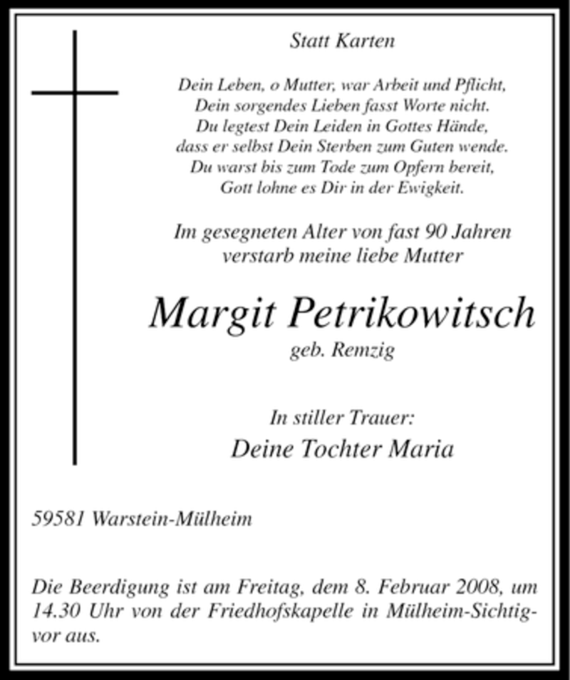  Traueranzeige für Margit Petrikowitsch vom 06.02.2008 aus WESTFÄLISCHER ANZEIGER