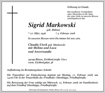 Traueranzeige von Sigrid Markowski von WESTFÄLISCHER ANZEIGER