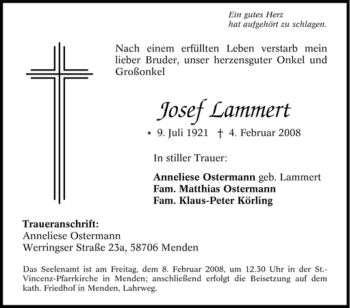 Traueranzeige von Josef Lammert von WESTFÄLISCHER ANZEIGER