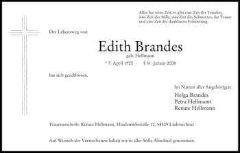 Traueranzeige von Edith Brandes von WESTFÄLISCHER ANZEIGER