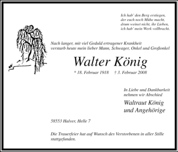 Traueranzeige von Walter König von WESTFÄLISCHER ANZEIGER
