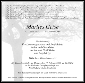 Traueranzeige von Marlies Geise von WESTFÄLISCHER ANZEIGER