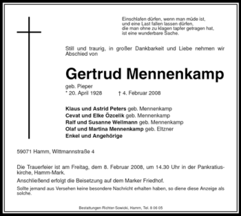 Traueranzeige von Gertrud Mennenkamp von WESTFÄLISCHER ANZEIGER