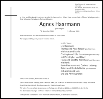 Traueranzeige von Agnes Haarmann von WESTFÄLISCHER ANZEIGER