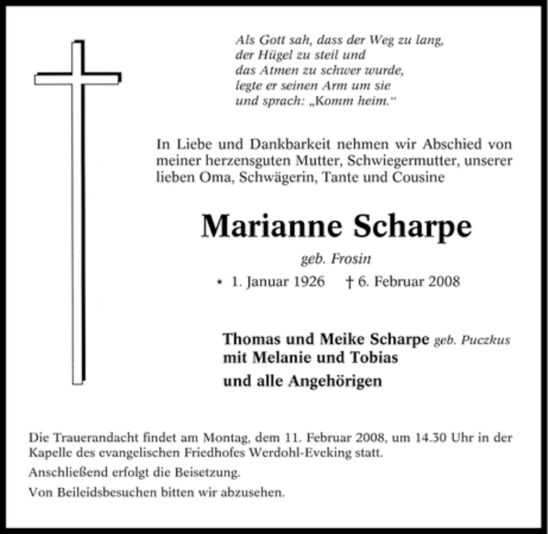  Traueranzeige für Marianne Scharpe vom 08.02.2008 aus WESTFÄLISCHER ANZEIGER