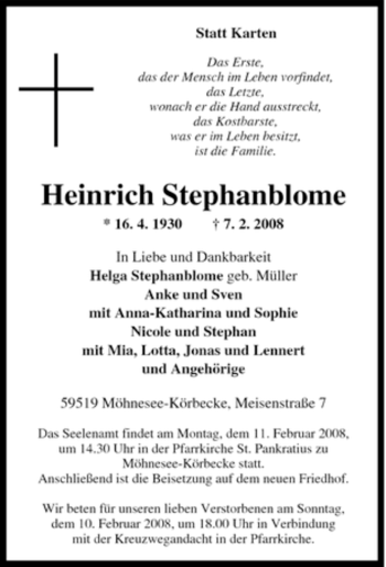 Traueranzeige von Heinrich Stephanblome von WESTFÄLISCHER ANZEIGER