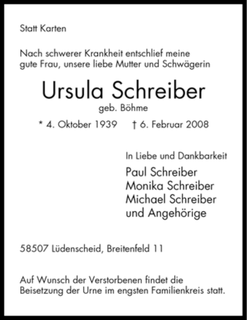 Traueranzeige von Ursula Schreiber von WESTFÄLISCHER ANZEIGER