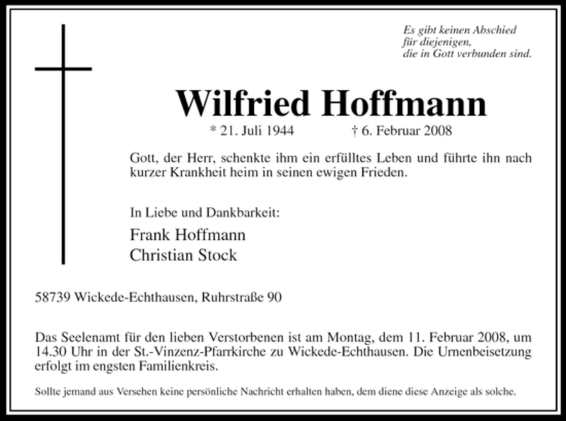  Traueranzeige für Wilfried Hoffmann vom 08.02.2008 aus WESTFÄLISCHER ANZEIGER