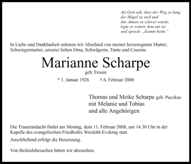  Traueranzeige für Marianne Scharpe vom 08.02.2008 aus WESTFÄLISCHER ANZEIGER