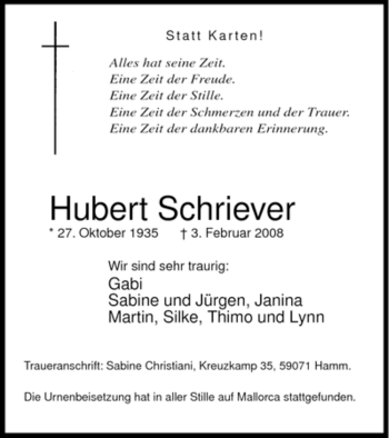 Traueranzeige von Hubert Schriever von WESTFÄLISCHER ANZEIGER