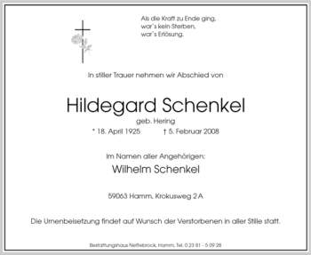 Traueranzeige von Hildegard Schenkel von WESTFÄLISCHER ANZEIGER
