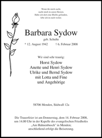 Traueranzeige von Barbara Sydow von WESTFÄLISCHER ANZEIGER
