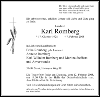 Traueranzeige von Karl Romberg von WESTFÄLISCHER ANZEIGER