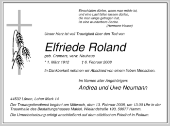 Traueranzeige von Elfriede Roland von WESTFÄLISCHER ANZEIGER