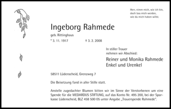 Traueranzeige von Ingeborg Rahmede von WESTFÄLISCHER ANZEIGER