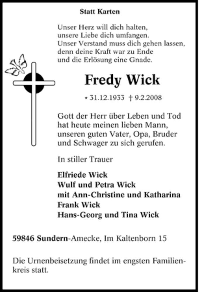  Traueranzeige für Fredy Wick vom 11.02.2008 aus WESTFÄLISCHER ANZEIGER