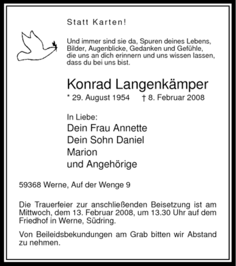  Traueranzeige für Konrad Langenkämper vom 11.02.2008 aus WESTFÄLISCHER ANZEIGER