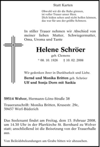 Traueranzeige von Helene Schröer von WESTFÄLISCHER ANZEIGER