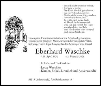 Traueranzeige von Eberhard Waschke von WESTFÄLISCHER ANZEIGER