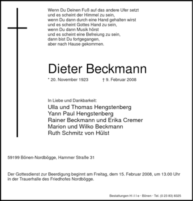  Traueranzeige für Dieter Beckmann vom 12.02.2008 aus WESTFÄLISCHER ANZEIGER