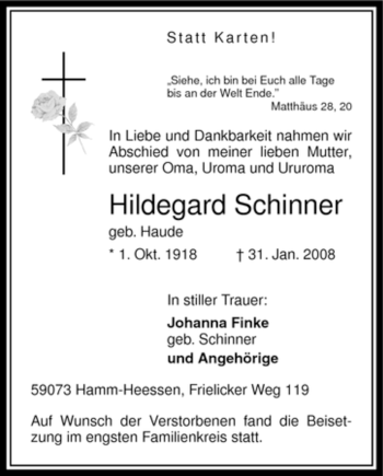 Traueranzeige von Hildegard Schinner von WESTFÄLISCHER ANZEIGER