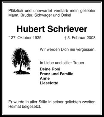 Traueranzeige von Hubert Schriever von WESTFÄLISCHER ANZEIGER