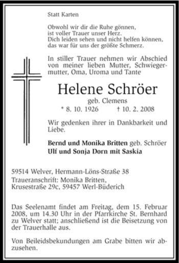 Traueranzeige von Helene Schröer von WESTFÄLISCHER ANZEIGER