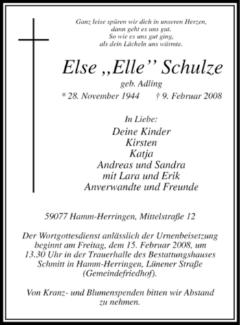 Traueranzeige von Else Schulze von WESTFÄLISCHER ANZEIGER