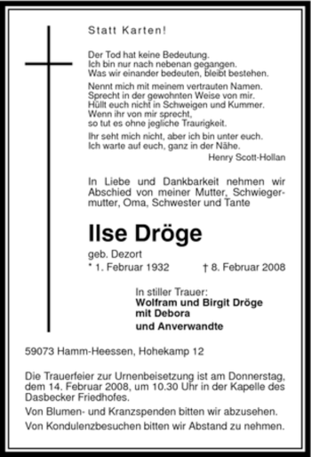 Traueranzeige von Ilse Dröge von WESTFÄLISCHER ANZEIGER