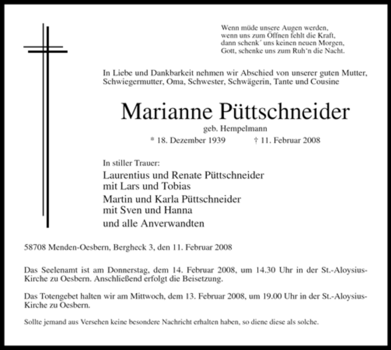  Traueranzeige für Marianne Püttschneider vom 12.02.2008 aus WESTFÄLISCHER ANZEIGER