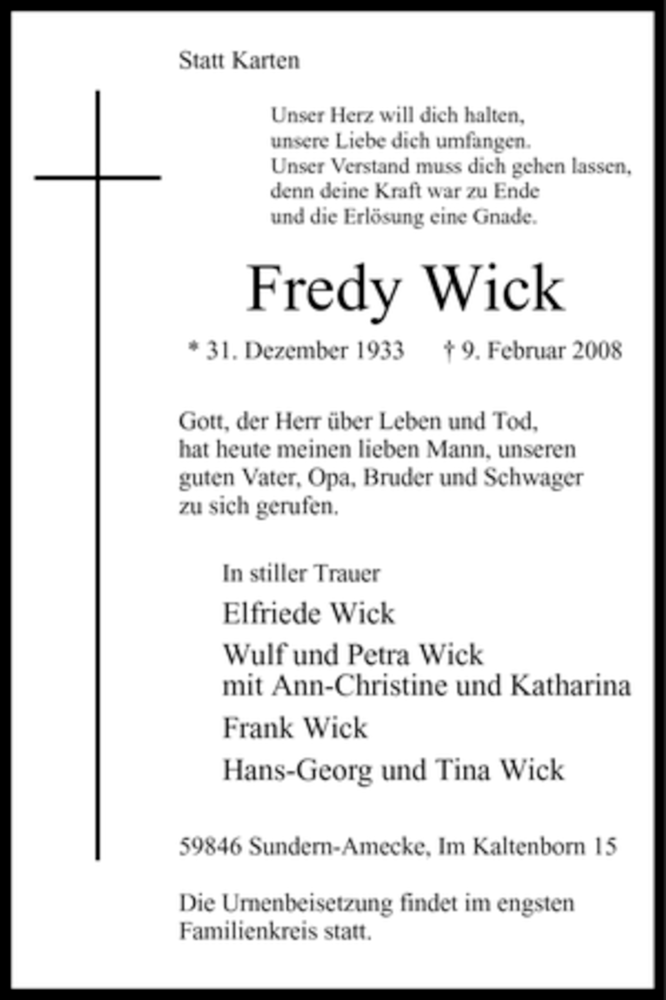  Traueranzeige für Fredy Wick vom 12.02.2008 aus WESTFÄLISCHER ANZEIGER