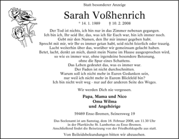Traueranzeige von Sarah Voßhenrich von WESTFÄLISCHER ANZEIGER