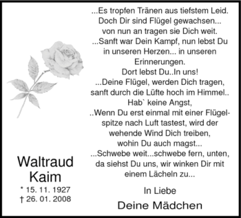 Traueranzeige von Waltraud Kaim von WESTFÄLISCHER ANZEIGER