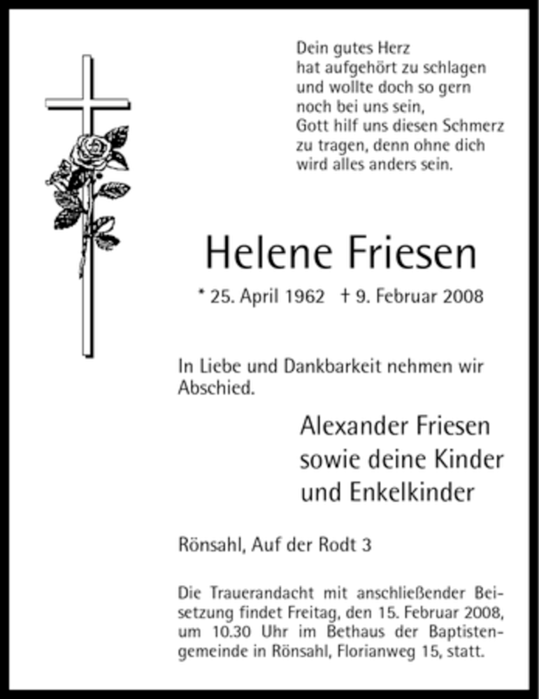  Traueranzeige für Helene Friesen vom 13.02.2008 aus WESTFÄLISCHER ANZEIGER