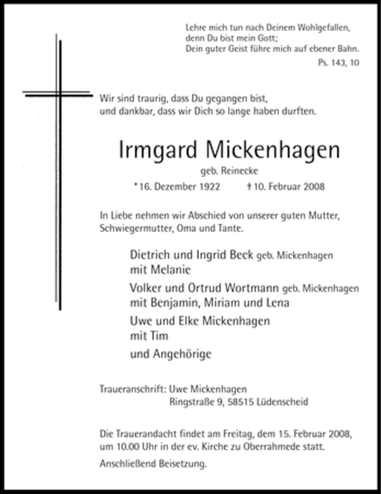  Traueranzeige für Irmgard Mickenhagen vom 13.02.2008 aus WESTFÄLISCHER ANZEIGER