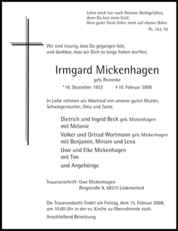 Traueranzeige von Irmgard Mickenhagen von WESTFÄLISCHER ANZEIGER