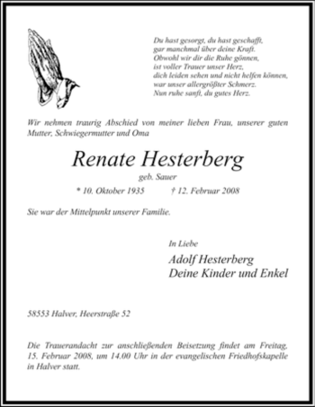 Traueranzeige von Renate Hesterberg von WESTFÄLISCHER ANZEIGER