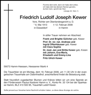 Traueranzeige von Friedrich Ludolf Joseph Kewer von WESTFÄLISCHER ANZEIGER