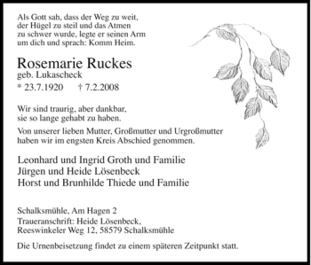 Traueranzeige von Rosemarie Ruckes von WESTFÄLISCHER ANZEIGER