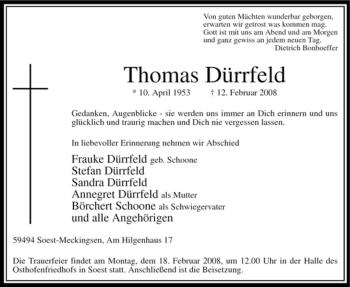 Traueranzeige von Thomas Dürrfeld von WESTFÄLISCHER ANZEIGER