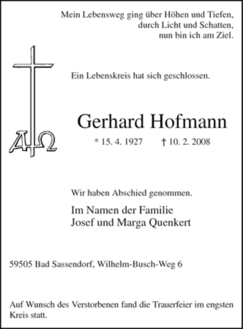 Traueranzeige von Gerhard Hofmann von WESTFÄLISCHER ANZEIGER