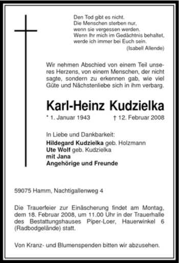 Traueranzeige von Karl-Heinz Kudzielka von WESTFÄLISCHER ANZEIGER