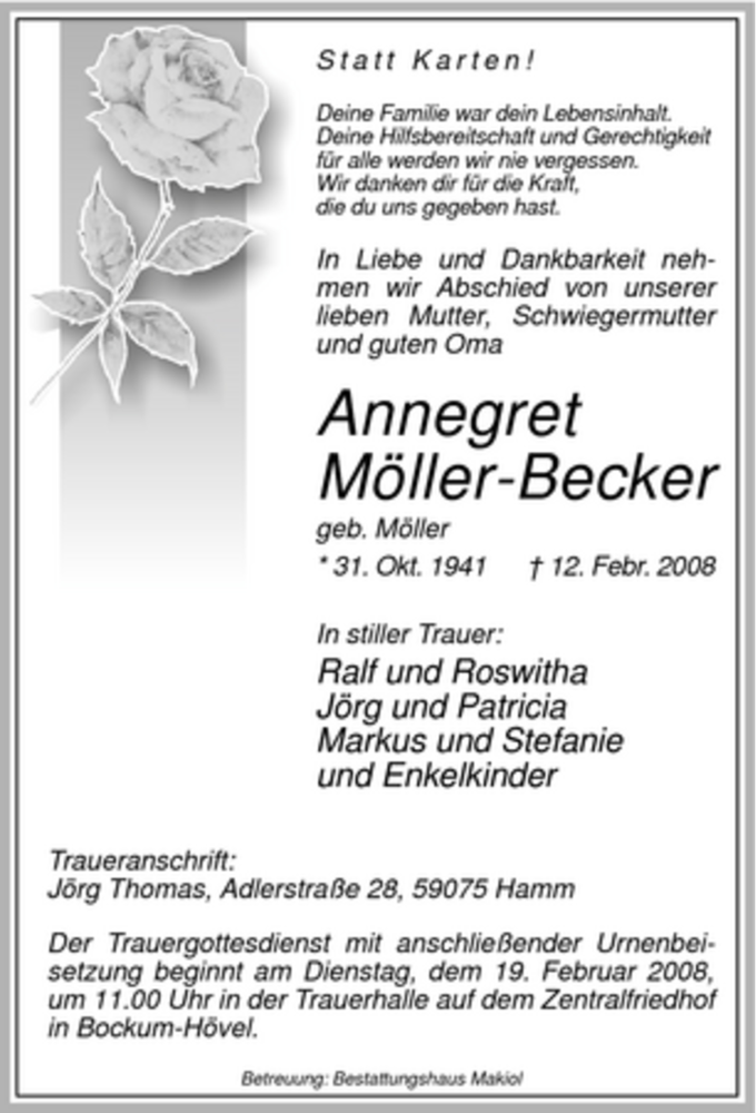  Traueranzeige für Annegret Möller-Becker vom 15.02.2008 aus WESTFÄLISCHER ANZEIGER