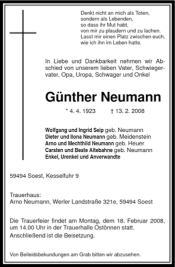 Traueranzeige von Günther Neumann von WESTFÄLISCHER ANZEIGER